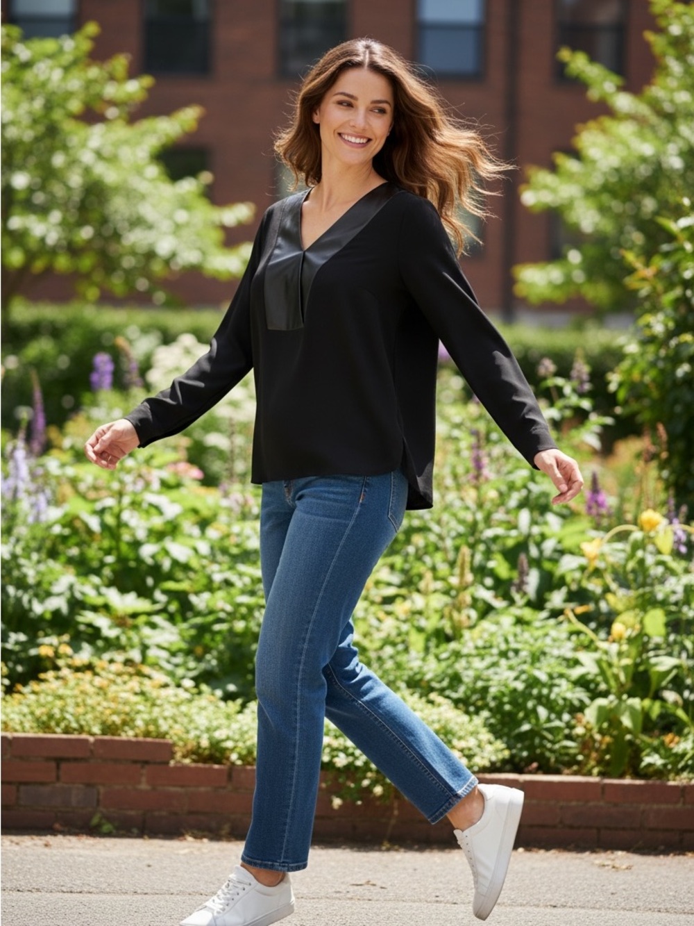 Alfani Black Top with Faux-Leather Trim